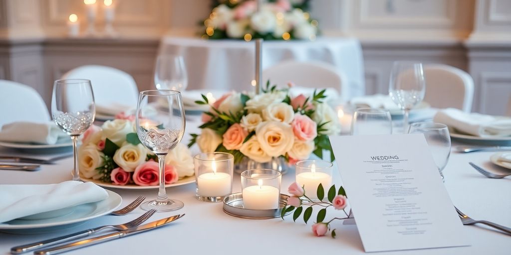 Bryllupsmenu med elegante retter og blomsterdekorationer.