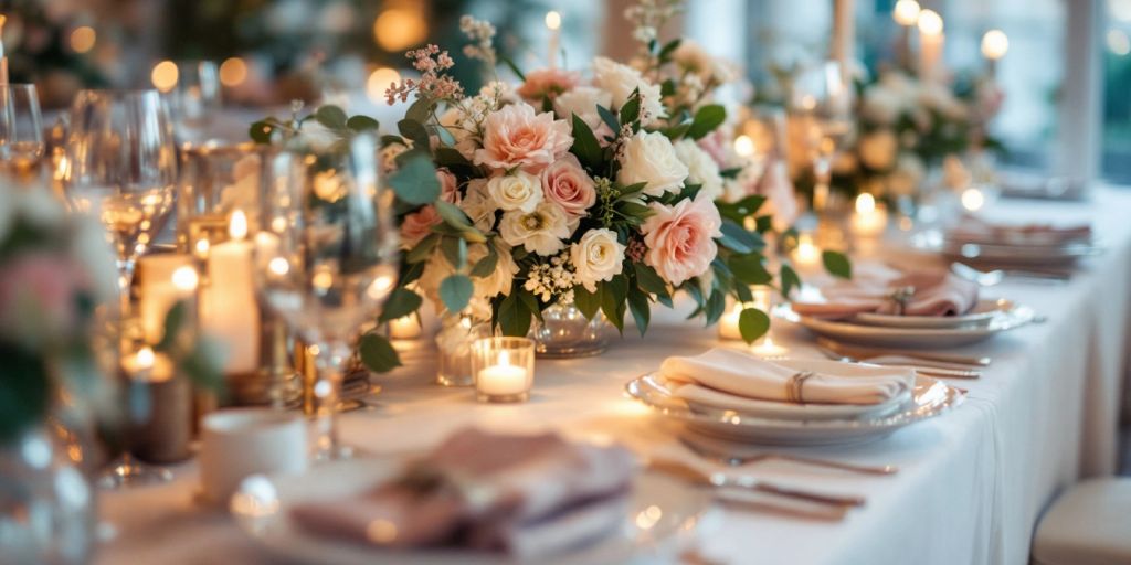 Borddækning til stor fest med blomster i midten