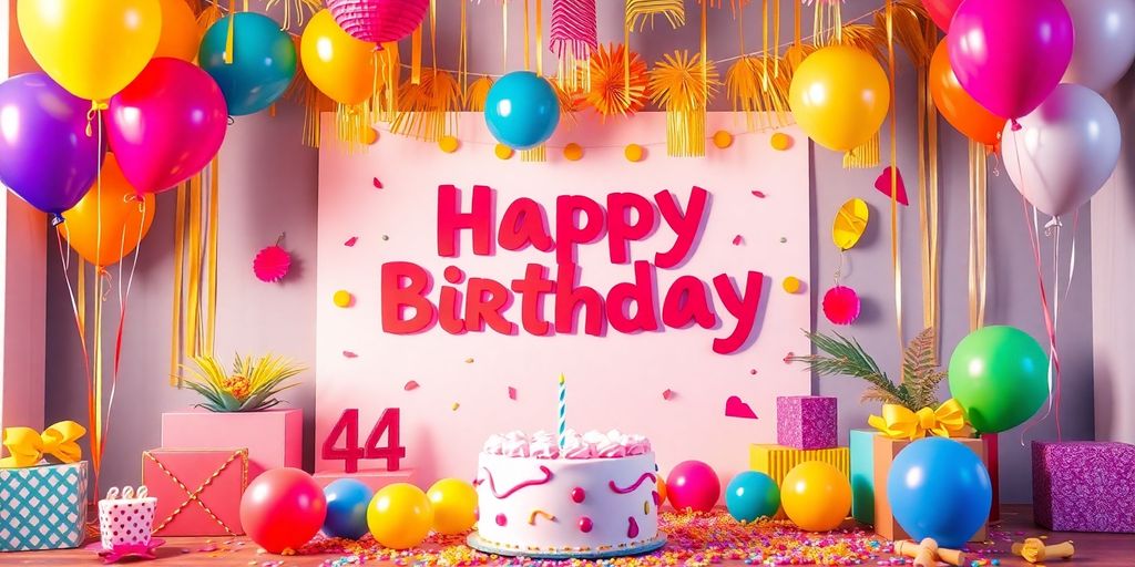 Farverig fødselsdagsinvitation med dekorationer og balloner