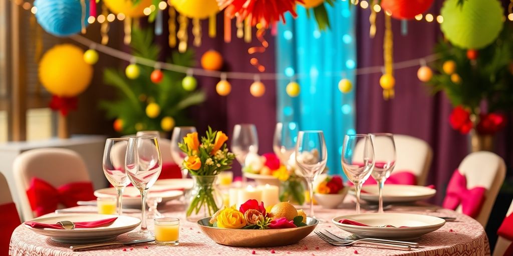 Festlig borddækning med farverige dekorationer til fest.