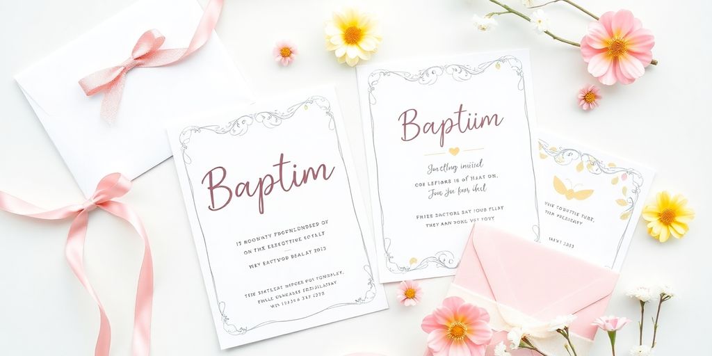 Kreative barnedåbsinvitationer i bløde pastelfarver.