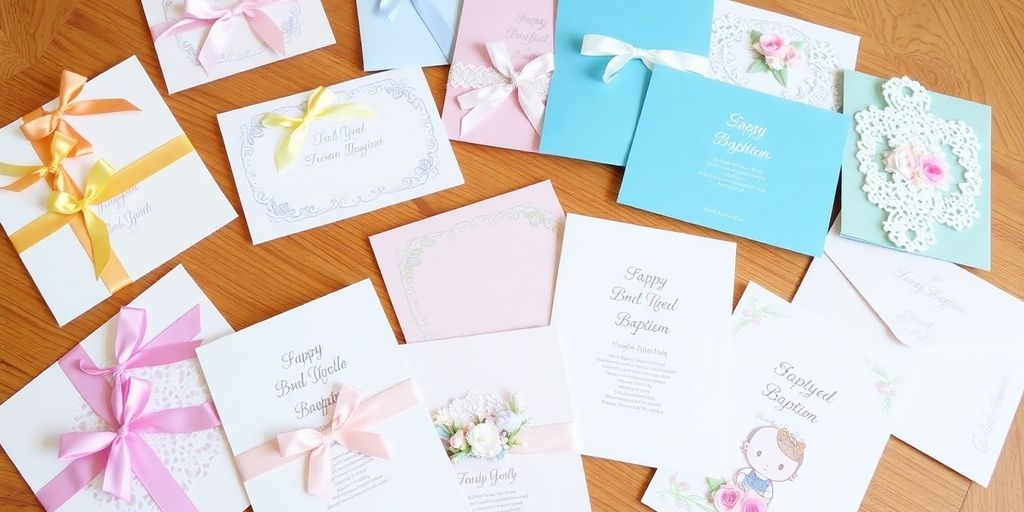 Farverige barnedåb invitationer med bånd og blomster.