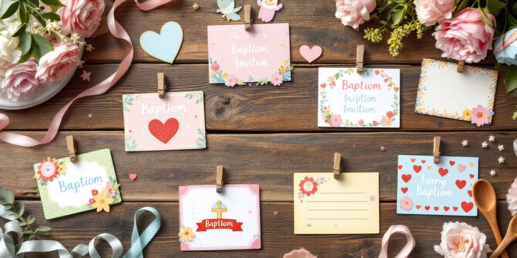 Invitationer til barnedåb hængende i tøjklemmer
