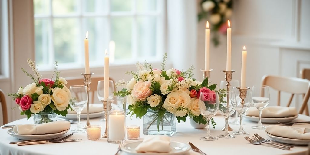 Bryllupstema med blomster og stearinlys på bord.