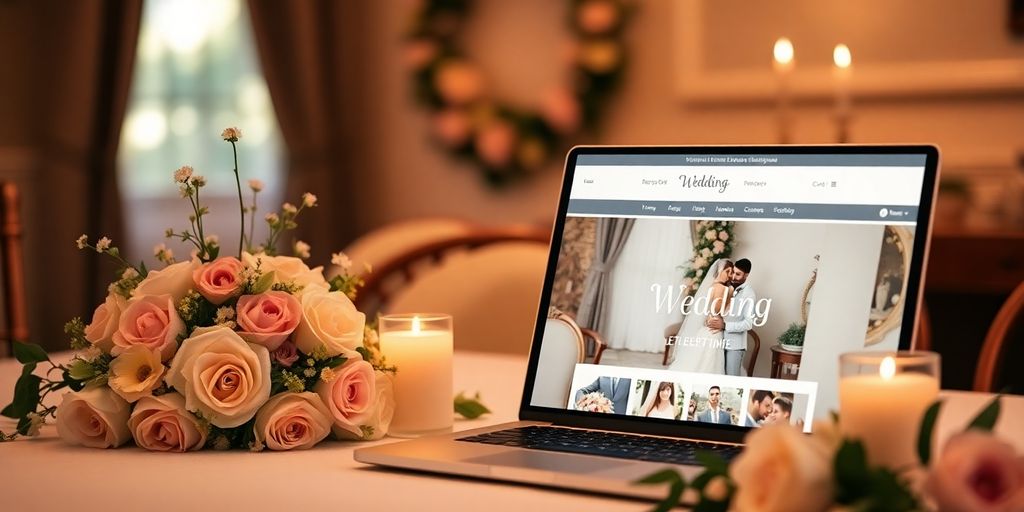 Bryllupshjemmeside opsætning med laptop og blomster.