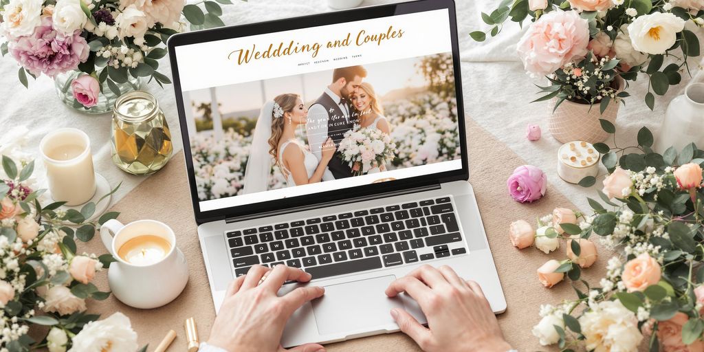 Bryllupshjemmeside med blomster og kaffe på bord