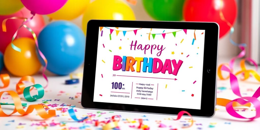 Digital fødselsdagsinvitation på tablet med festlige dekorationer.