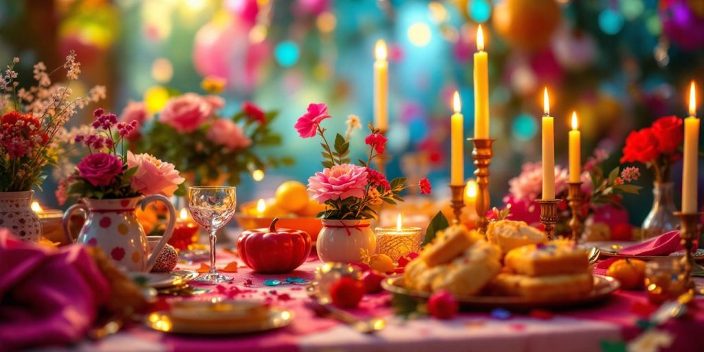 Flot borddækning med røde og lyserøde farver