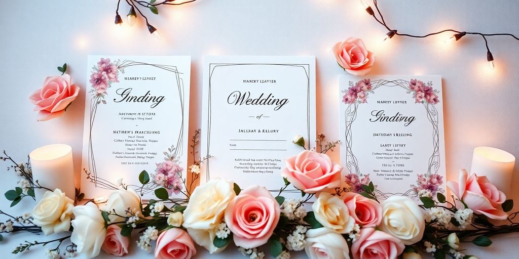 Bryllupsinvitationer med blomster og elegante design.