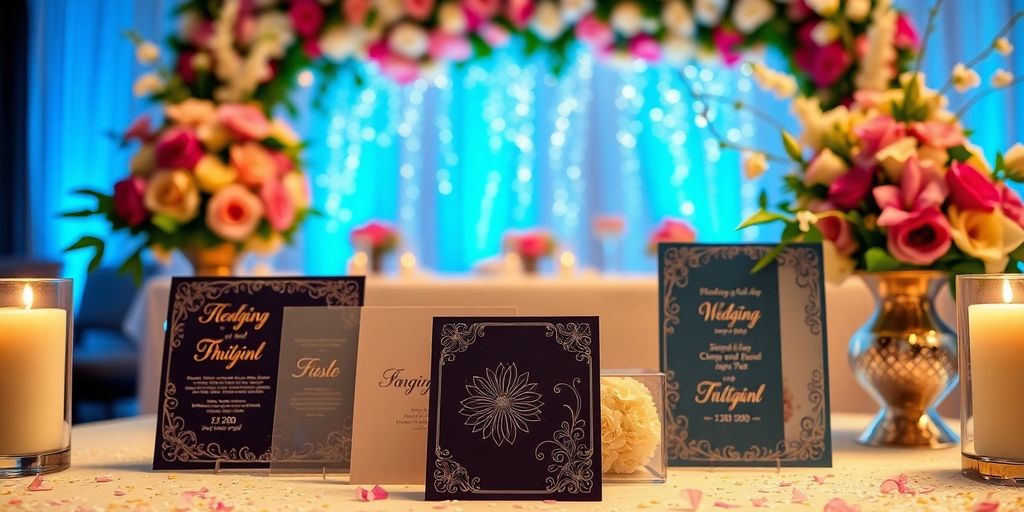 Digitale invitationer til bryllup med blomsterdekorationer.