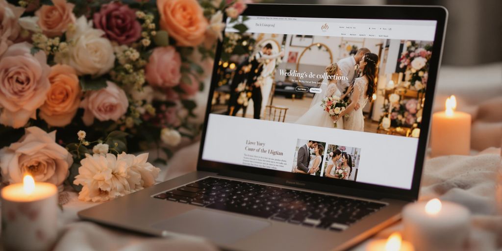 Blomster og bryllupshjemmeside på bærbar computer