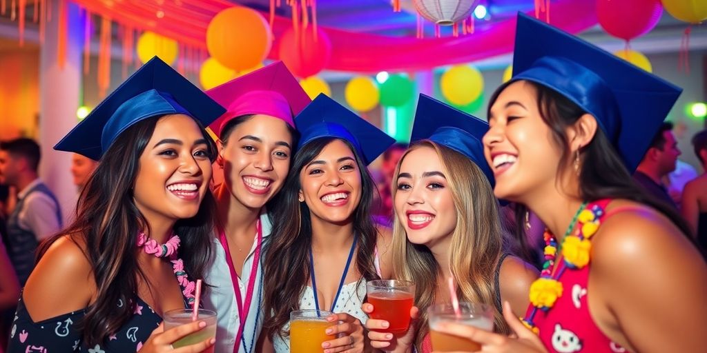 Festklædte venner til studenterfest med farverig dekoration.