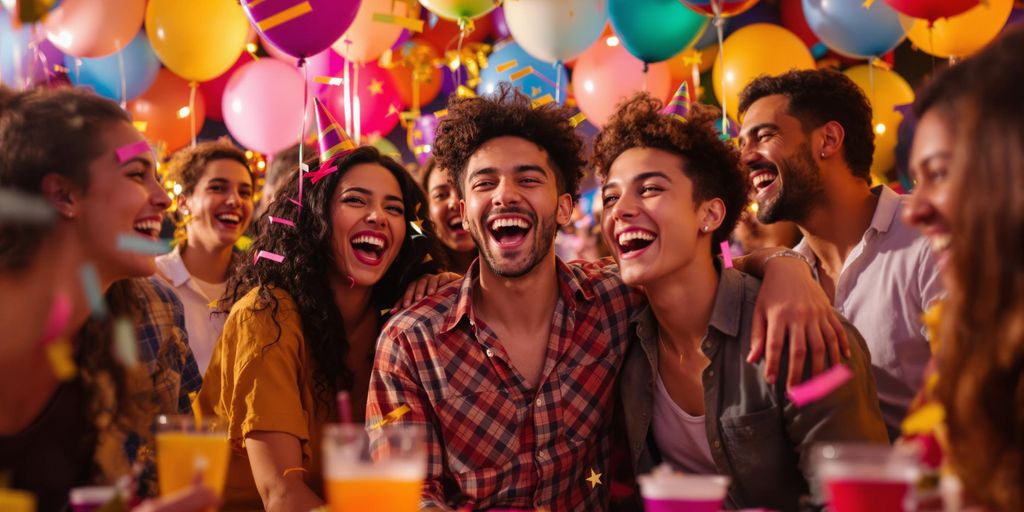 Unge glade mennesker til fest med drikkevarer og balloner