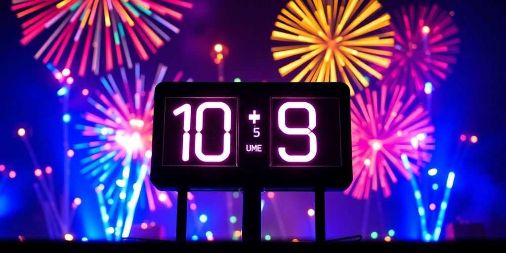 Farverig nedtællingsur med fyrværkeri i baggrunden.