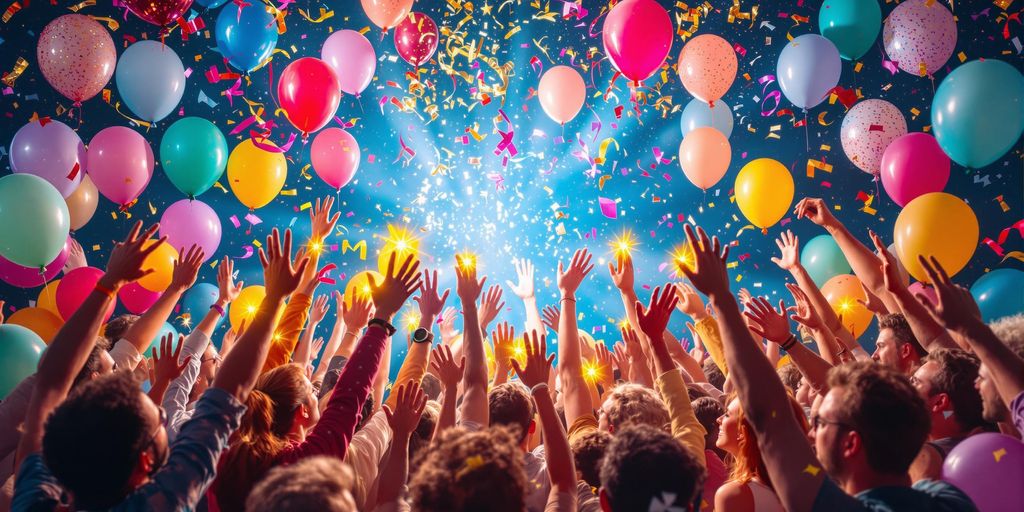 En masse mennesker til fest med hænderne oppe og balloner i luften