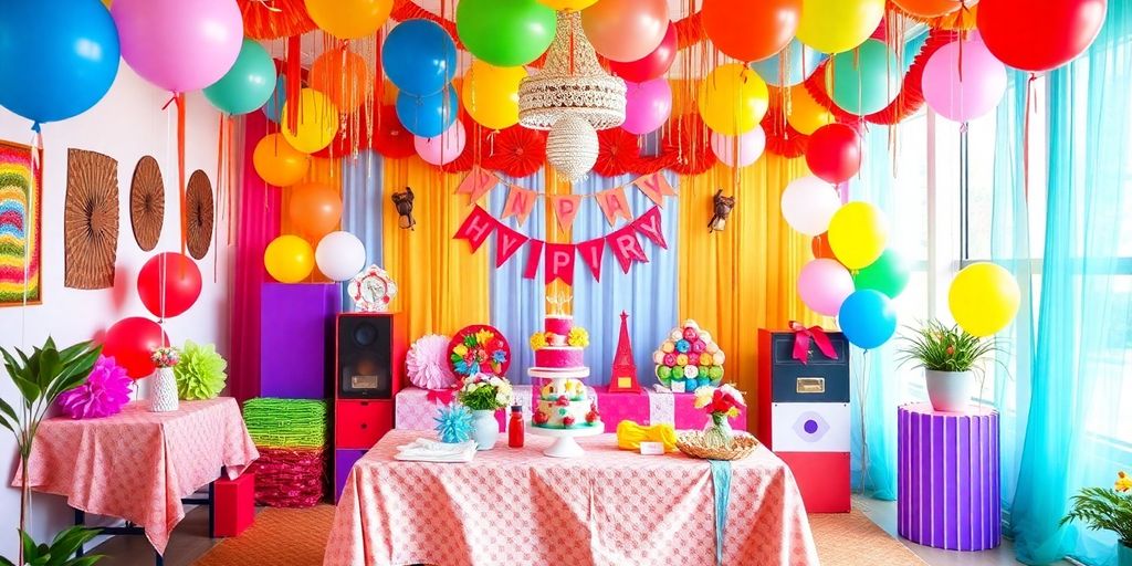 Farverig festopsætning med dekorationer og balloner.