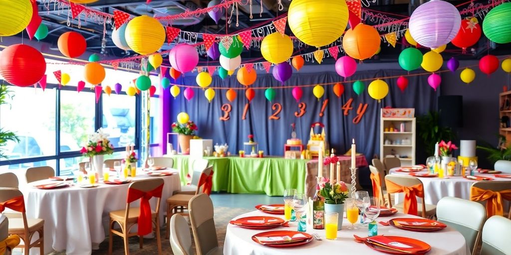 Festligt festmiljø med farverige dekorationer.