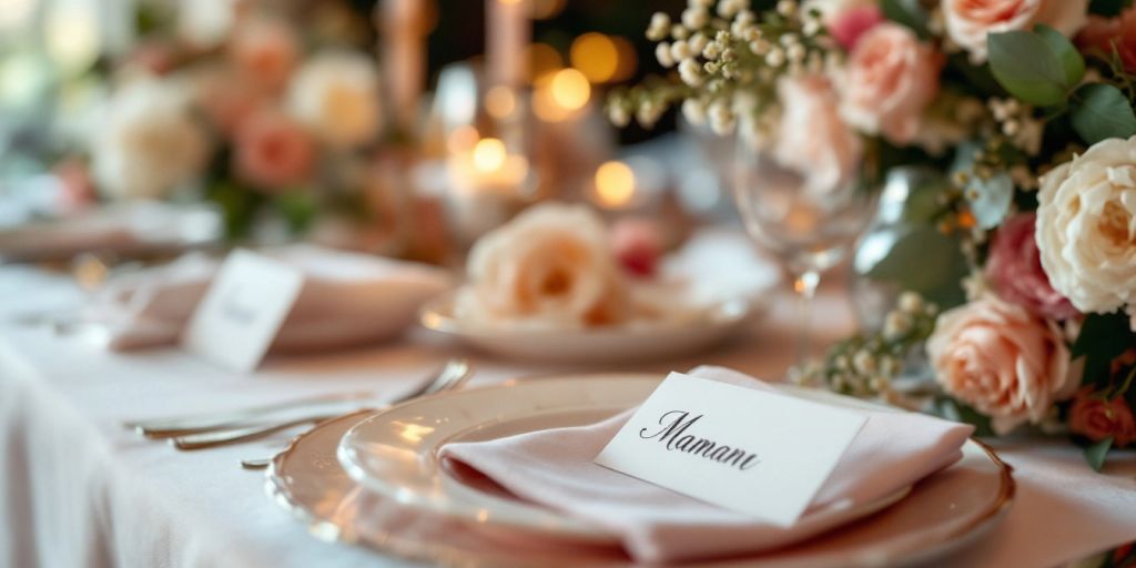 Borddækning til fest med blomster og navneskilt