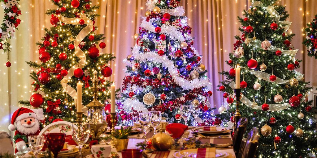 Borddækning til jul med juletræer og nisse