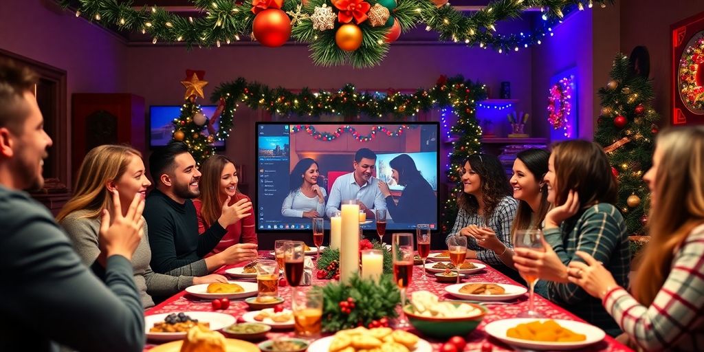 Glade mennesker til online julefrokost med festlige dekorationer.