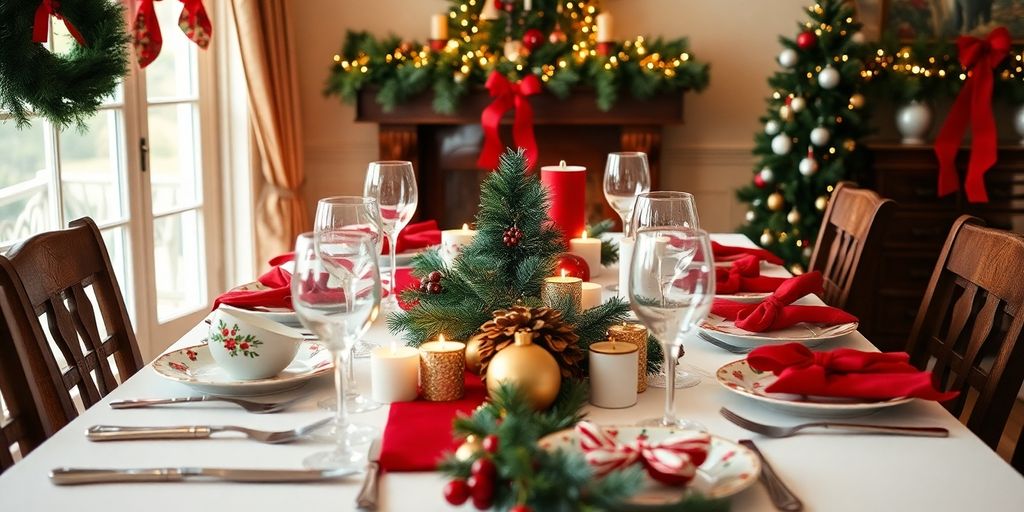 Julefrokost bord med mad og drikke.