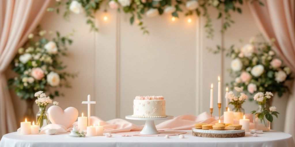 Flot opdækning med kage og blomster