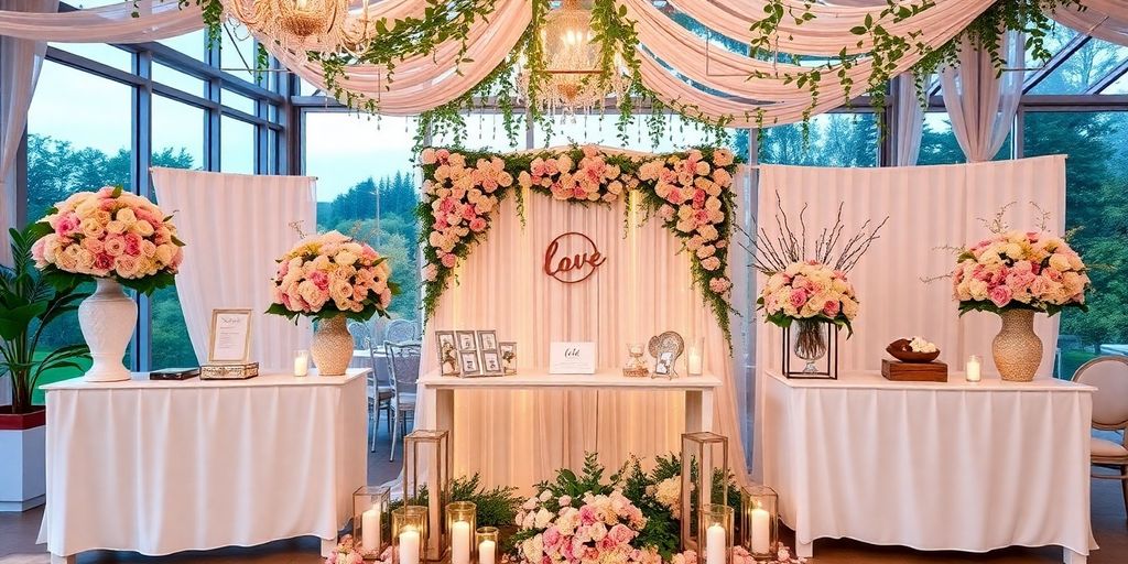 Bryllupsregistrering med blomster og romantisk indretning.