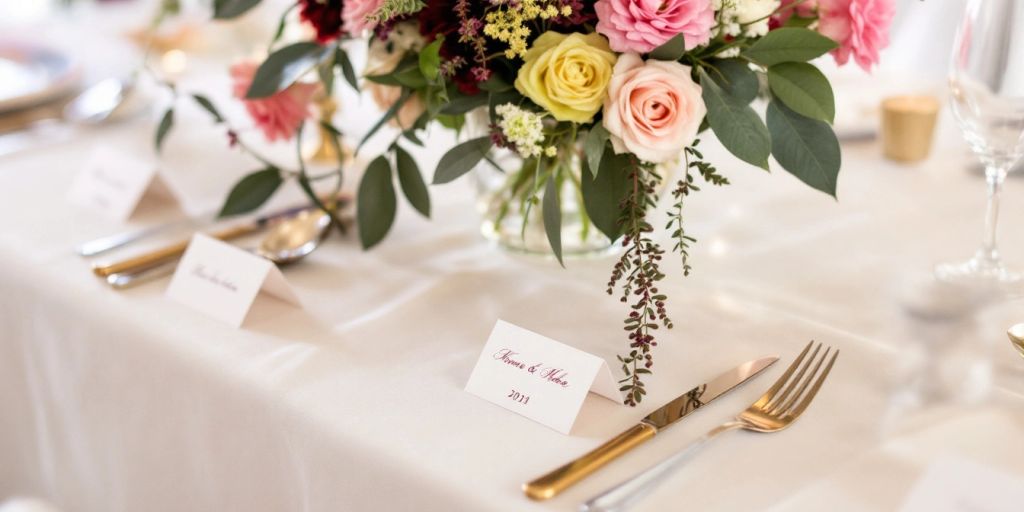 Blomster og borddækning på dug