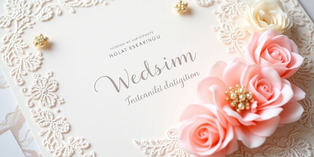 Bryllupsinvitation med blomster og romantiske detaljer.