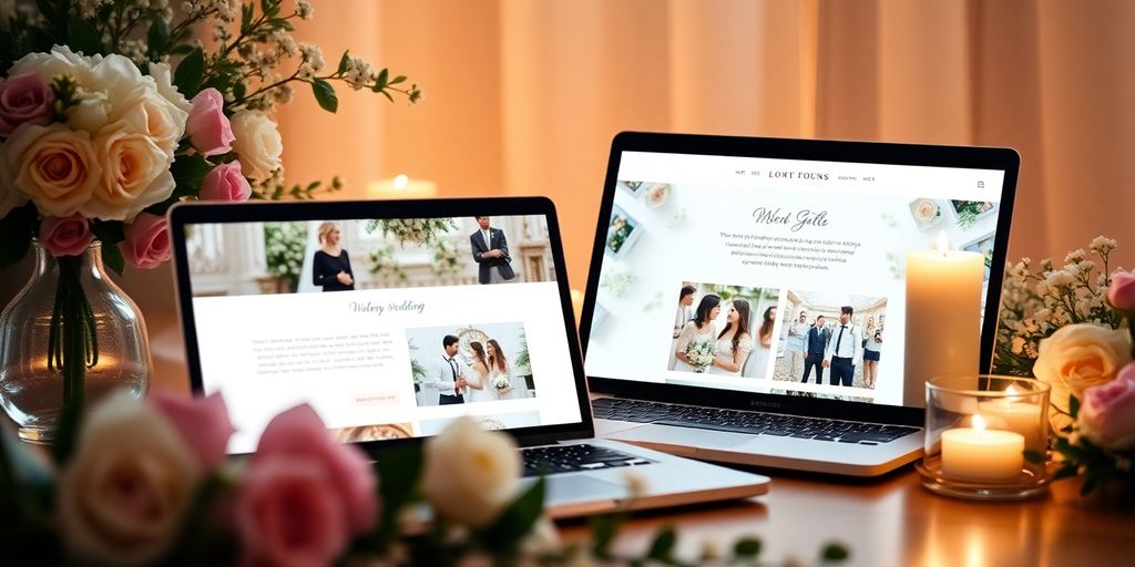 Bryllupshjemmeside på bærbar med blomster og lys.