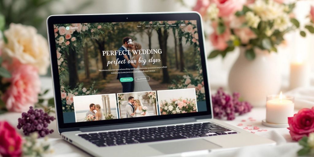 Blomster og bryllupshjemmeside på bærbar