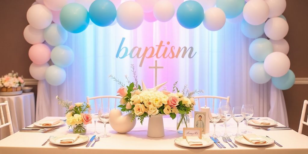 Dekoreret bord til barnedåb med balloner og blomster.