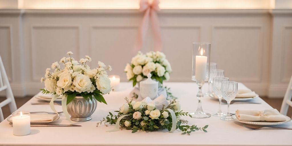 Borddækning til barnedåb med blomster og pynt.