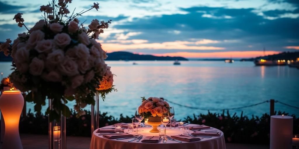 Romantisk bryllup ved Århus Bugt med blomster og lys.