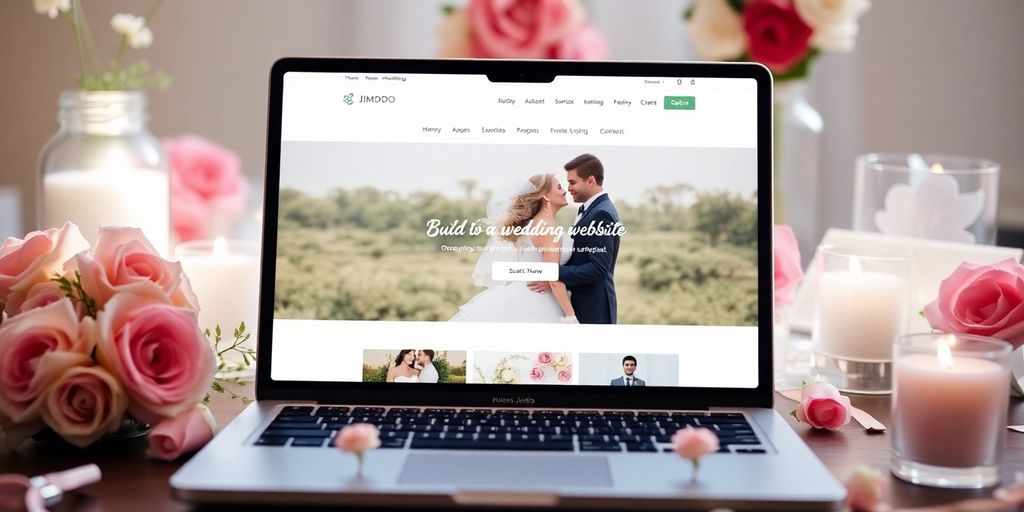 Bryllupshjemmeside på laptop med blomsterdekorationer.
