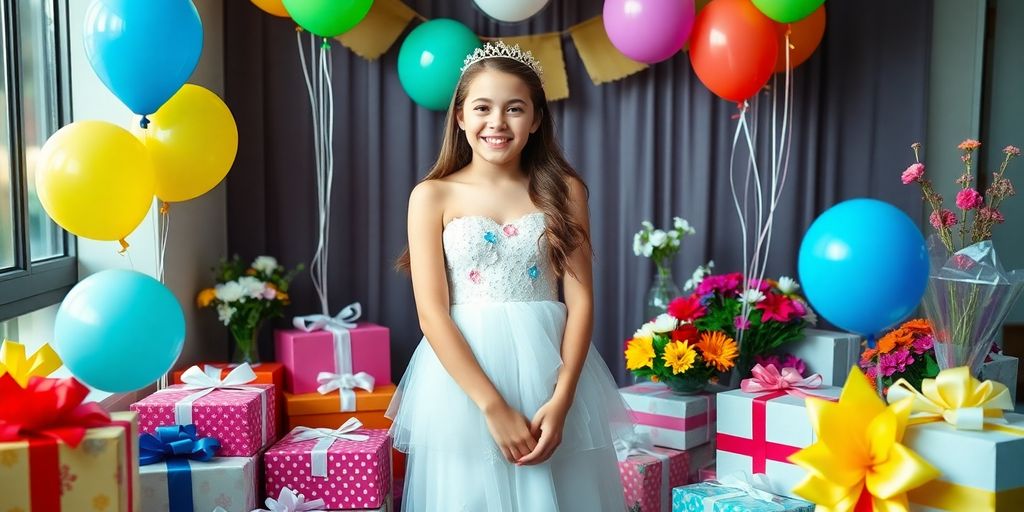 Glad konfirmand med gaver og festlige dekorationer.