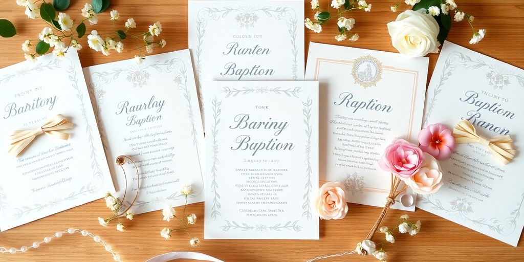 Unikke dåbsindbydelser med blomster og elegante tilbehør.