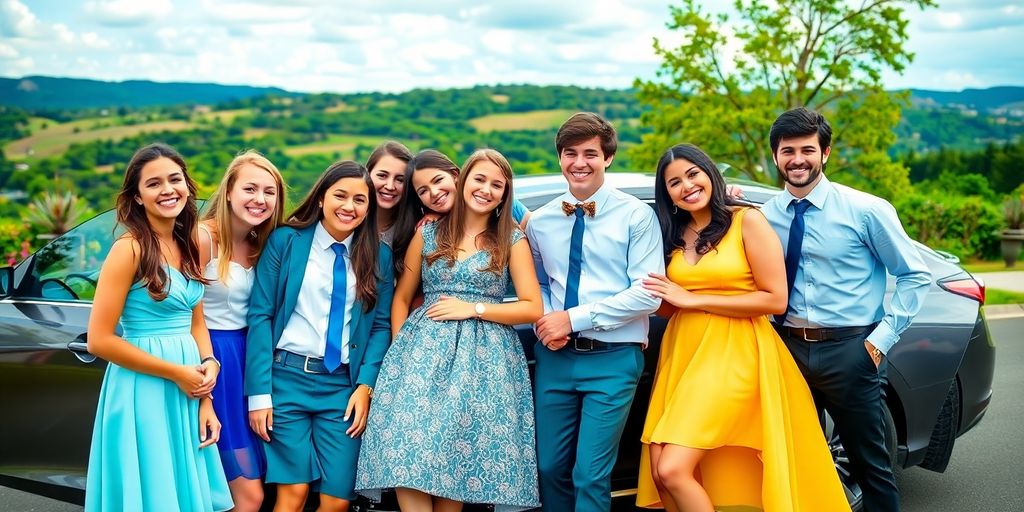 Glade teenagere i fin påklædning ved en bil.