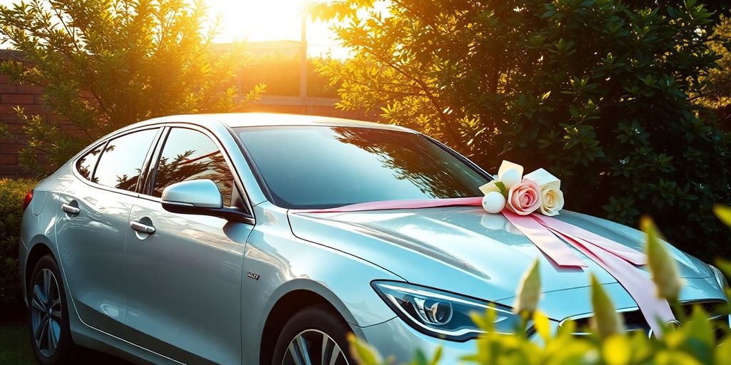 Billede af bil til konfirmation i naturen.