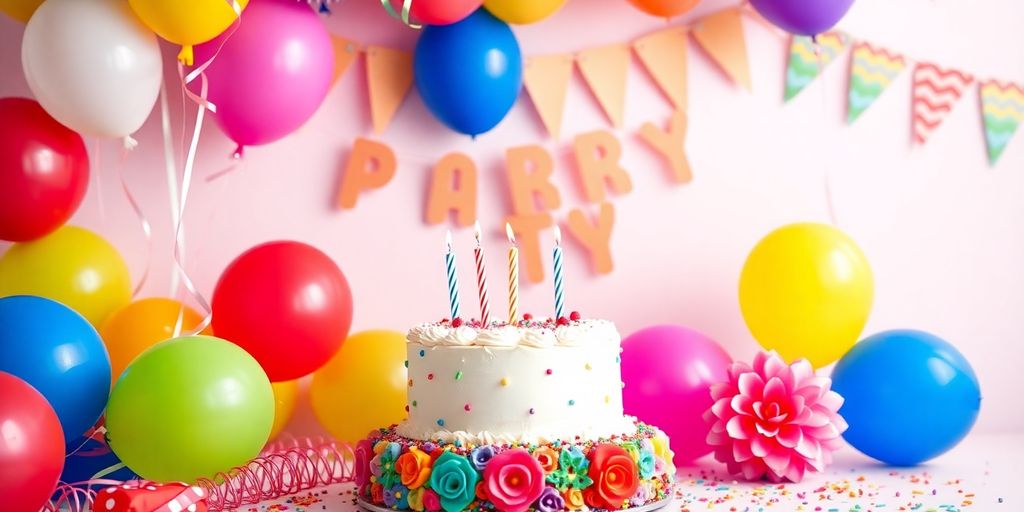 Farverige balloner og festlig kage til fødselsdag.