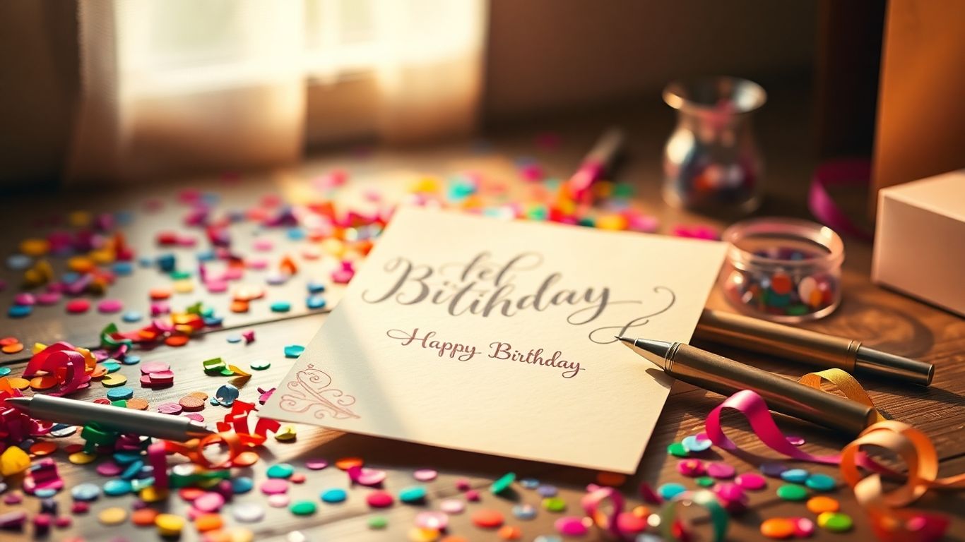 Kreative fødselsdagsinvitationer med pynt og skriveartikler.
