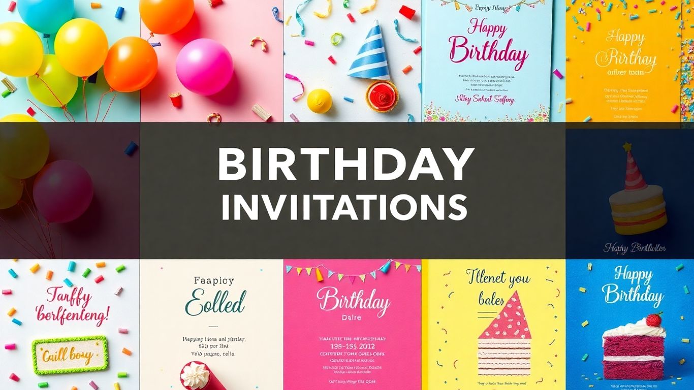 Kreative fødselsdagsinvitationer med balloner, konfetti og kage.