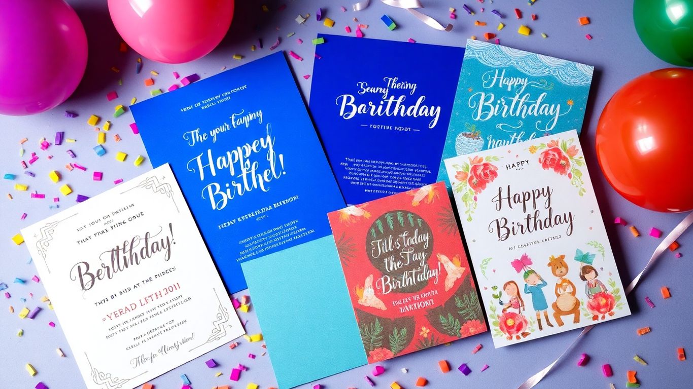 Fødselsdagsinvitationer med konfetti og balloner.