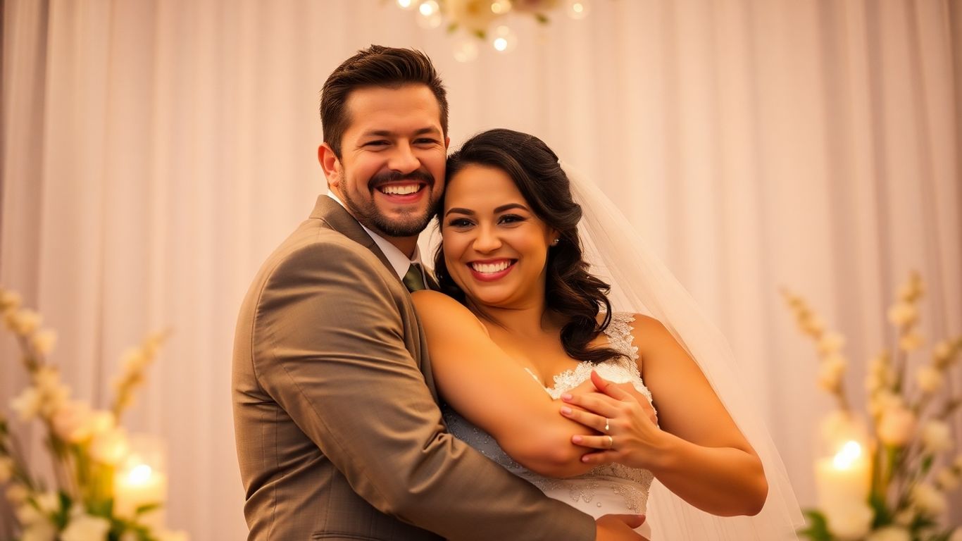 Bryllupspar omfavner hinanden under ceremonien.