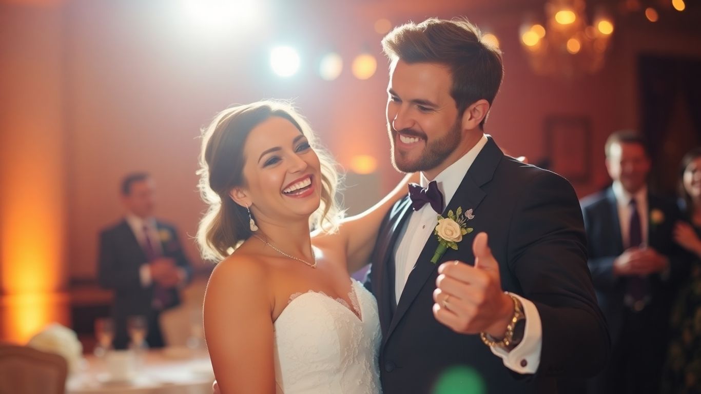 Bryllupspar danser lykkeligt til deres bryllupsfest.