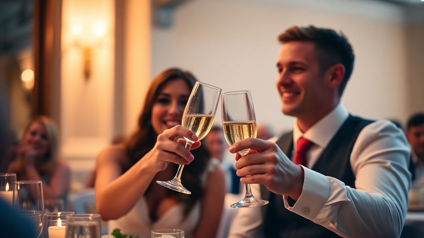 Glad brudepar skåler med champagneglas ved bryllup.