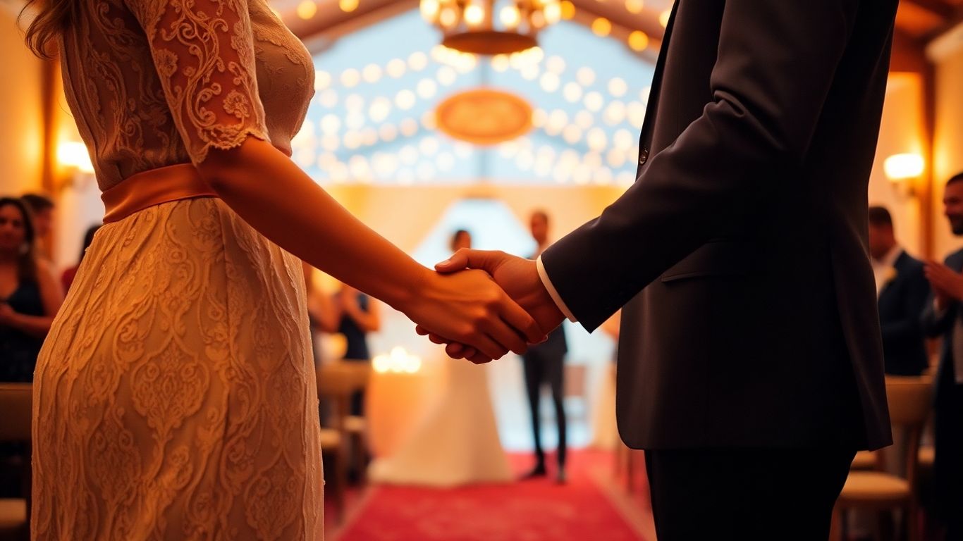 Par holder hænder ved et bryllup
