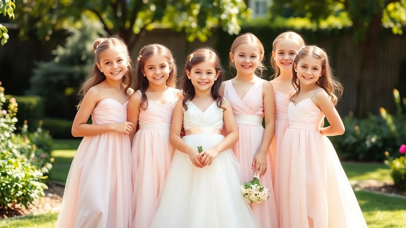 Brudepiger i smukke kjoler og tilbehør til bryllup.