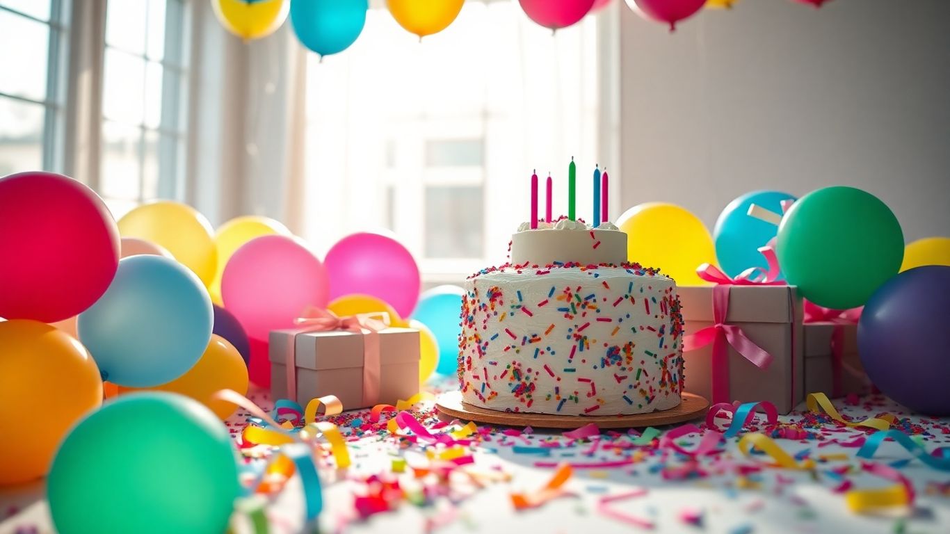 Fødselsdagsinvitation med balloner og gaveæsker.