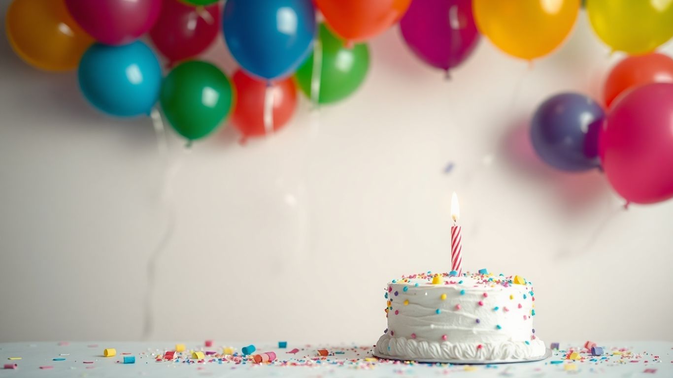 Børnefødselsdag invitation med balloner og kage.